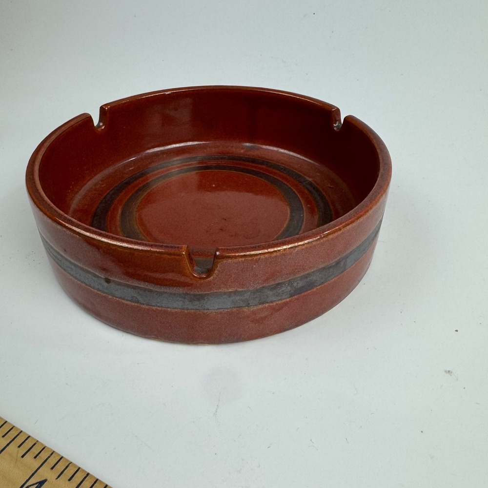 Vintage Mid-Century Modern Ceramic Ashtray Red Brown Striped Glazed Round 5 in - Picture 7 of 8